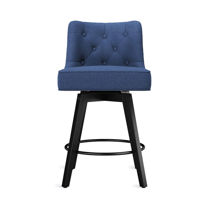 Navy upholstered swivel bar stool  with tufed design,back and foot rest