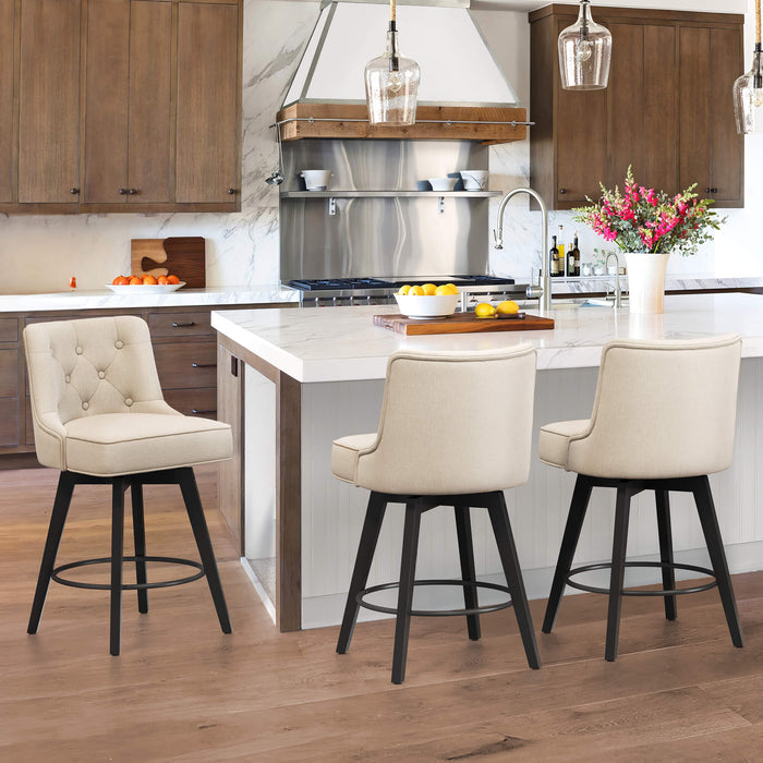 3 pcs linen color upholstered swivel bar stool in a kitchen with tufed design,back and foot rest