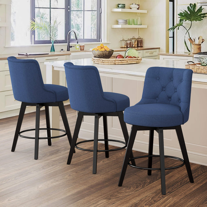 3 pcs navy upholstered swivel bar stool in a kitchen with tufed design,back ,round seat and foot rest