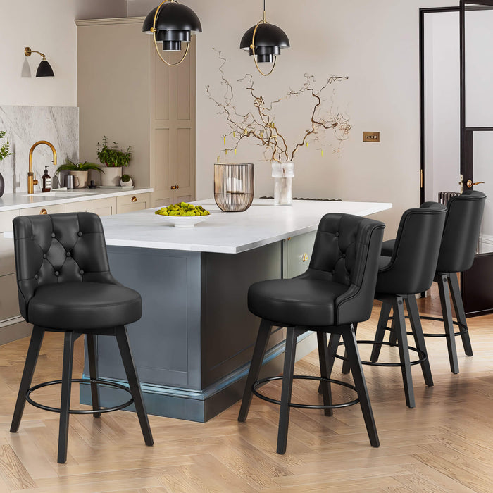 4 pcs black upholstered swivel bar stool in a dining room  with tufed design,back ,round seat and foot rest