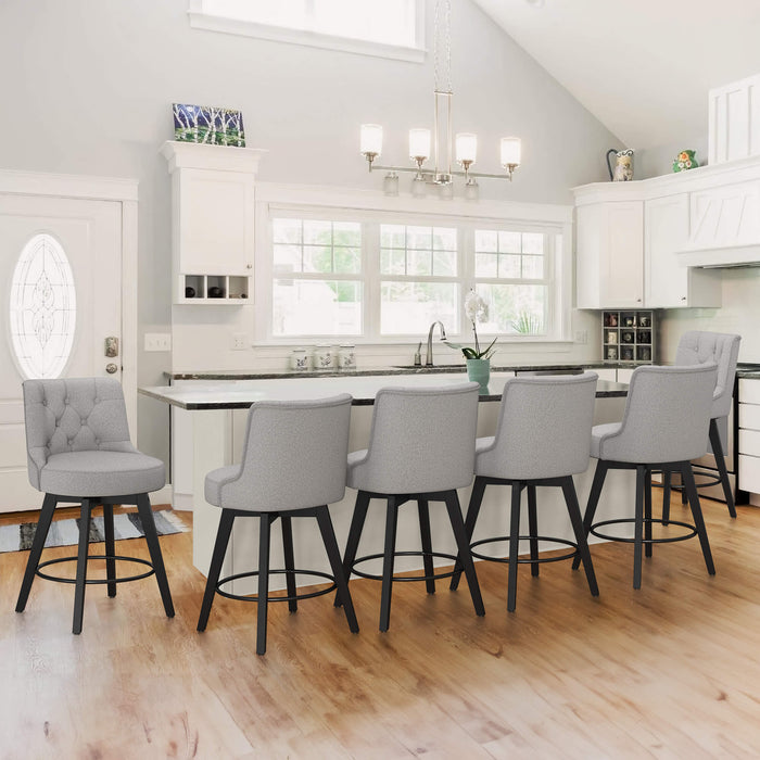 6 pcs gray upholstered swivel bar stool in a kitchen with tufed design,back ,round seat and foot rest
