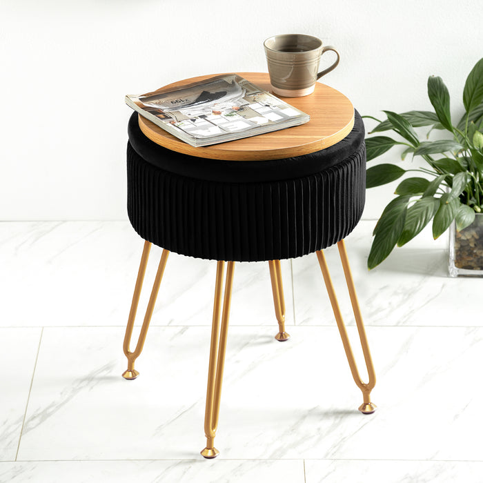 black pleated vanity stool with storage
