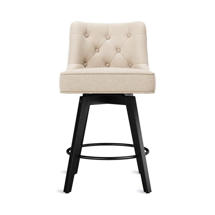 Linen color upholstered swivel bar stool  with tufed design,back and foot rest