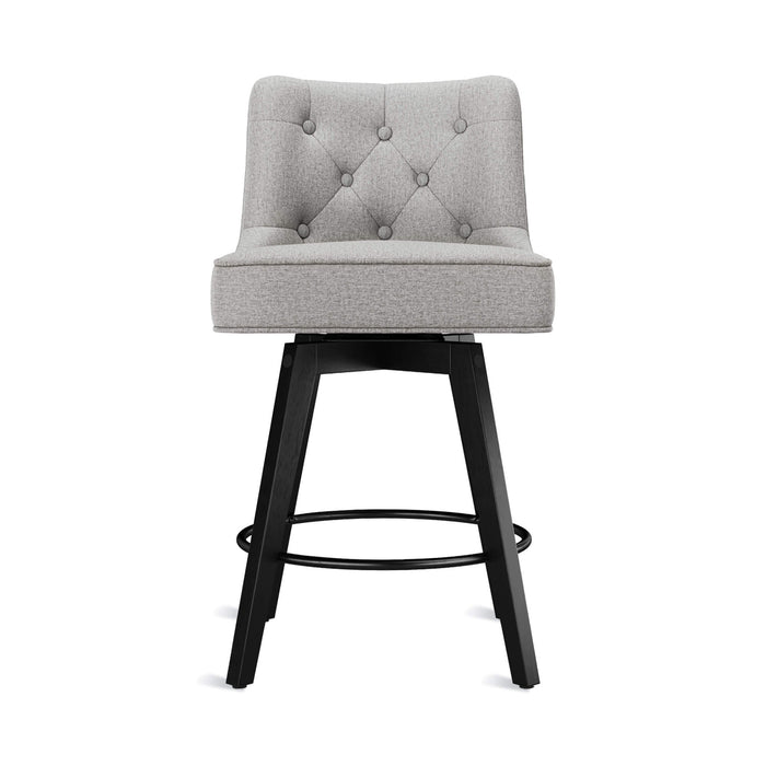 Gray upholstered swivel bar stool  with tufed design,back and foot re