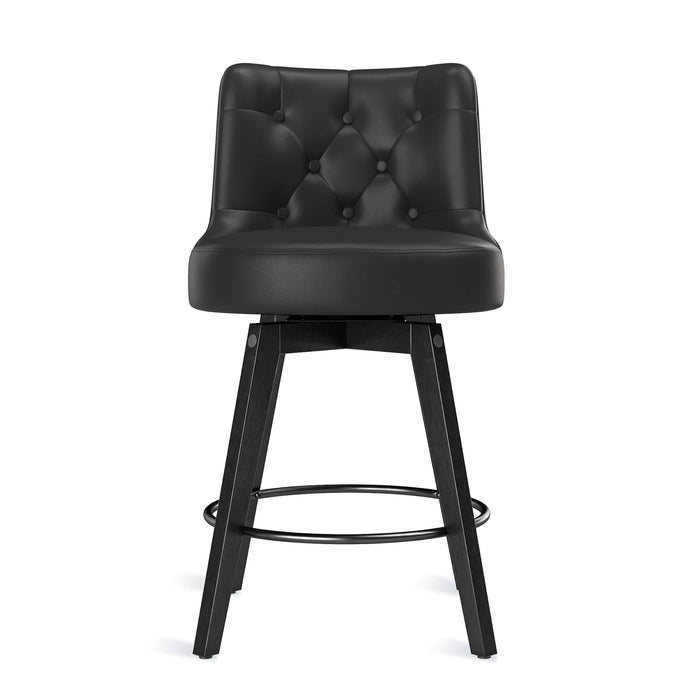 Black upholstered swivel bar stool  with tufed design,back ,round seat and foot rest