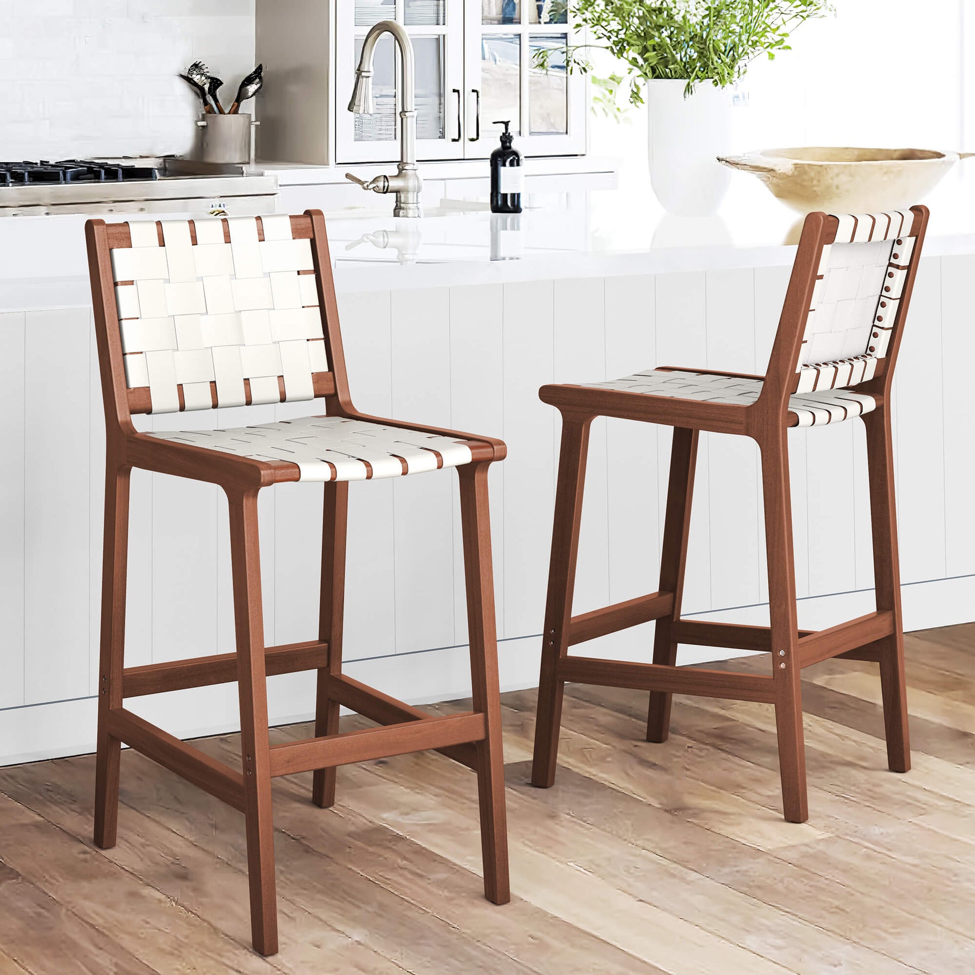 24'', 26'' Woven Straps Faux Leather Counter Height Bar Stool Set With ...