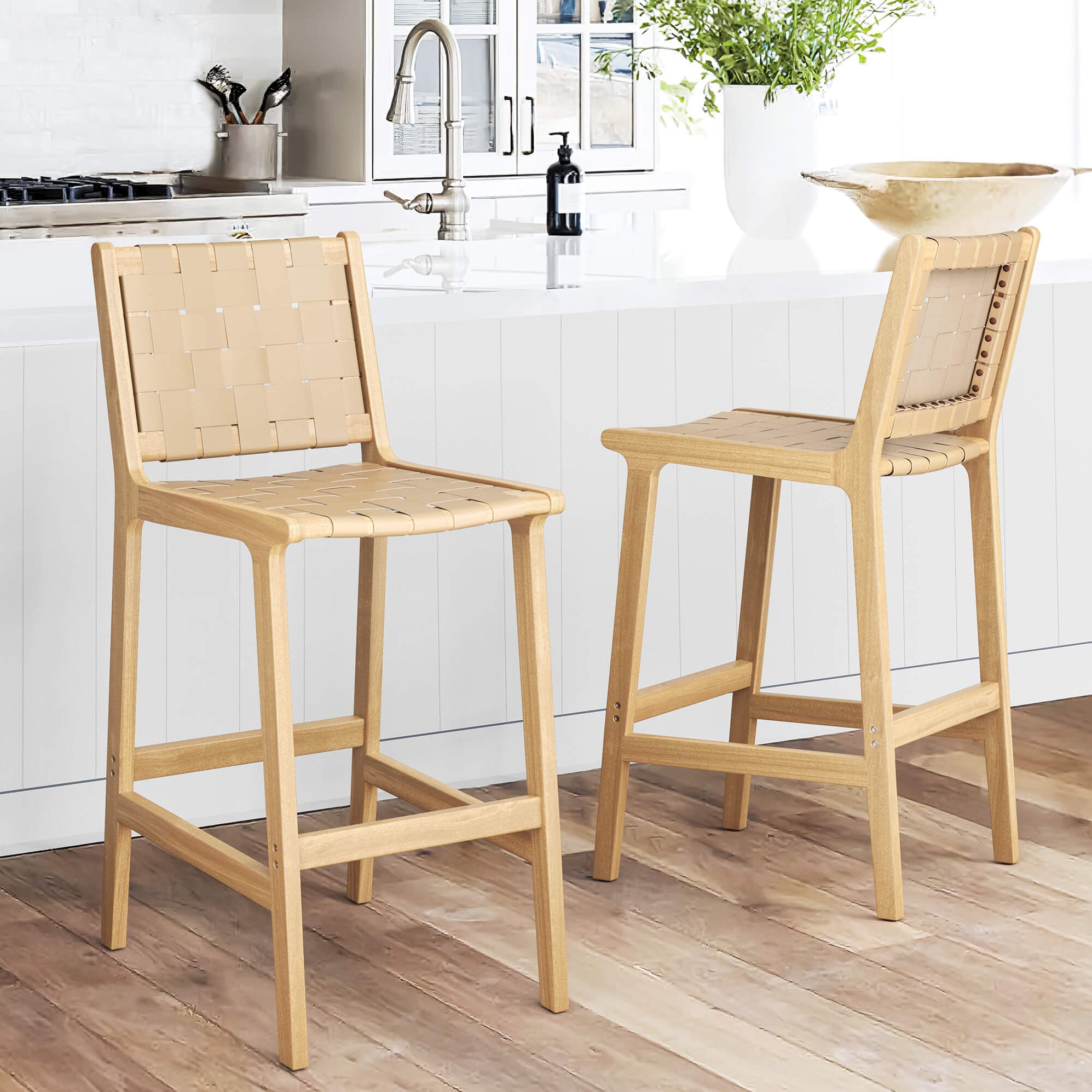 24'', 26'' Woven Straps Faux Leather Counter Height Bar Stool Set With ...