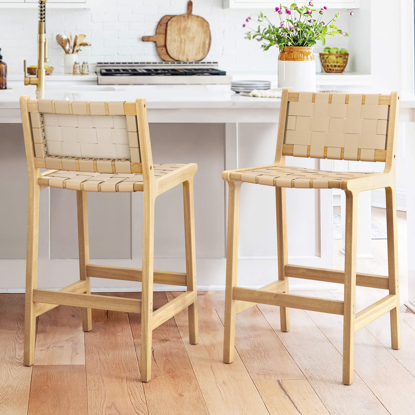 24'', 26'' Woven Straps Faux Leather Counter Height Bar Stool Set With ...
