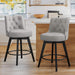 2 pcs gray upholstered swivel bar stool in a kitchen with tufed design,back ,round seat and foot rest