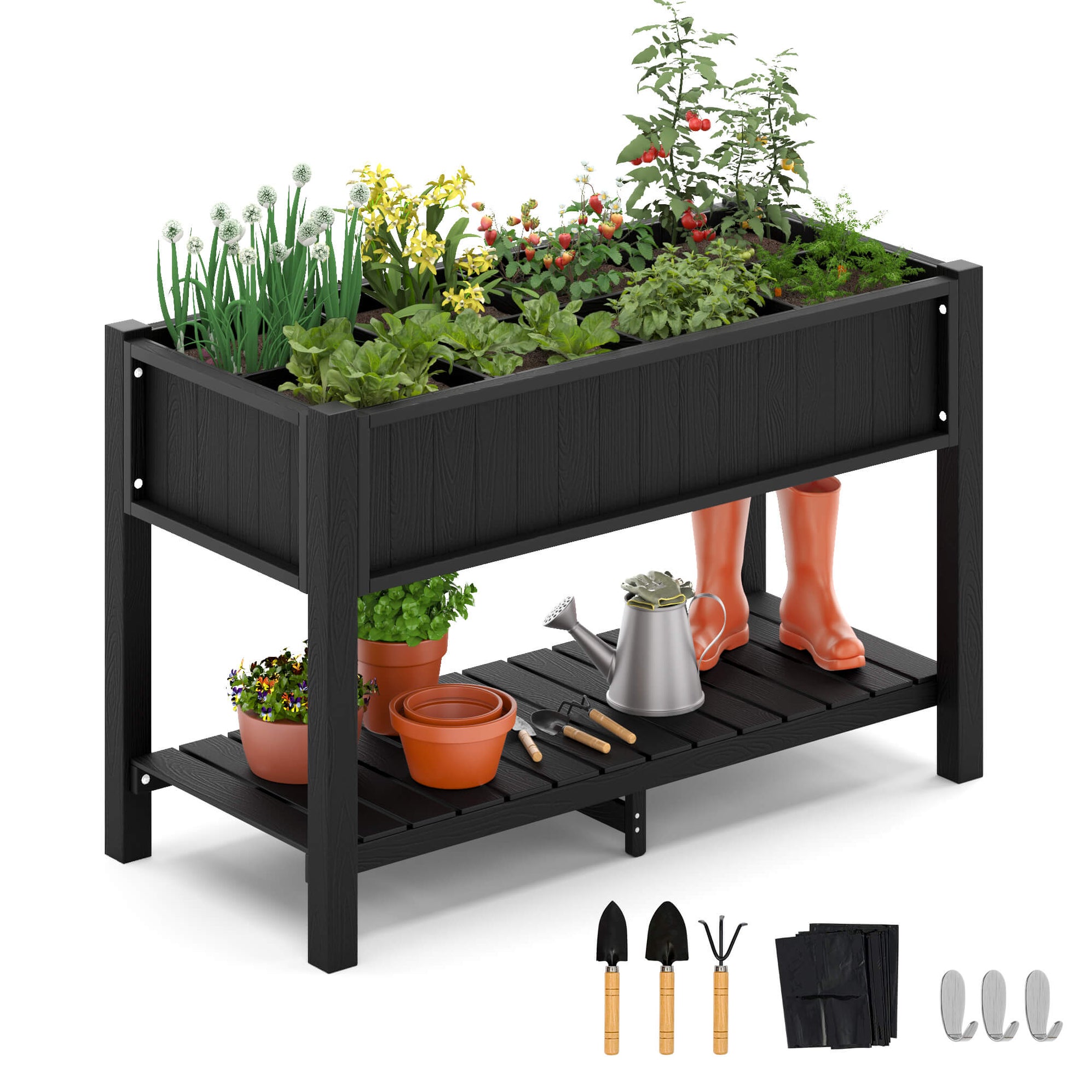 HDPS Elevated Planter Box With Legs and Shelf, Raised Garden Bed with