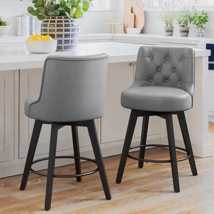2 pcs dark grey upholstered swivel bar stool in a kitchen with tufed design,back ,round seat and foot rest