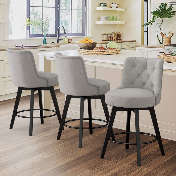 3 pcs gray upholstered swivel bar stool in a kitchen with tufed design,back ,round seat and foot rest