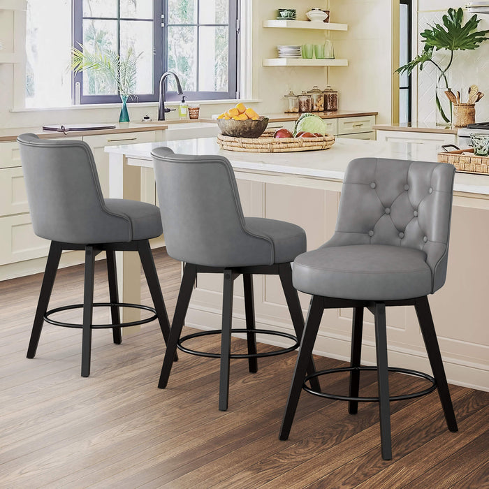3 pcs dark grey upholstered swivel bar stool in a kitchen with tufed design,back ,round seat and foot rest