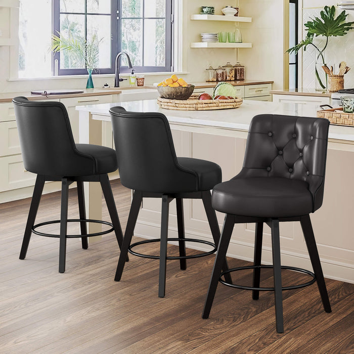 3 pcs black upholstered swivel bar stool in a kitchen with tufed design,back ,round seat and foot rest