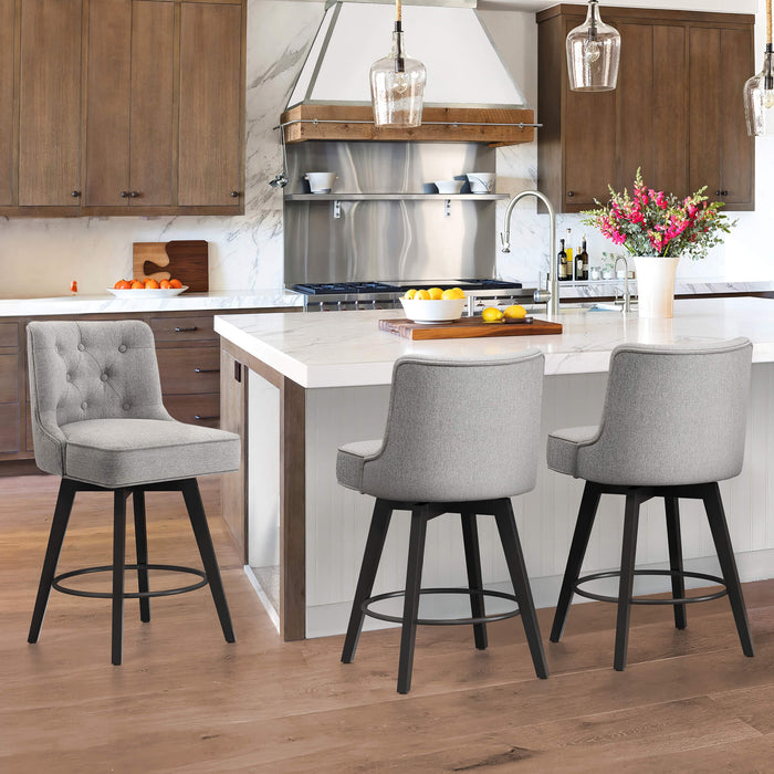 3 pcs gray upholstered swivel bar stool in a kitchen with tufed design,back and foot rest
