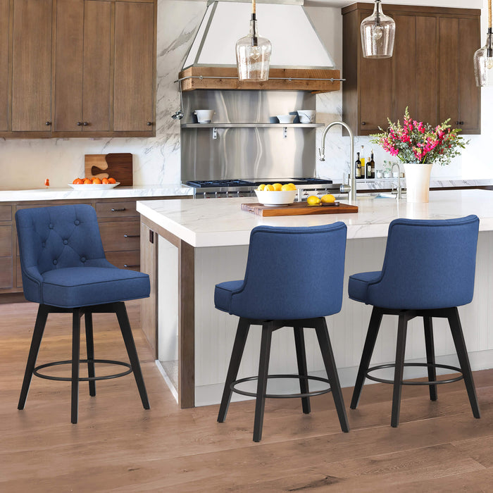3 pcs navy upholstered swivel bar stool in a kitchen with tufed design,back and foot rest