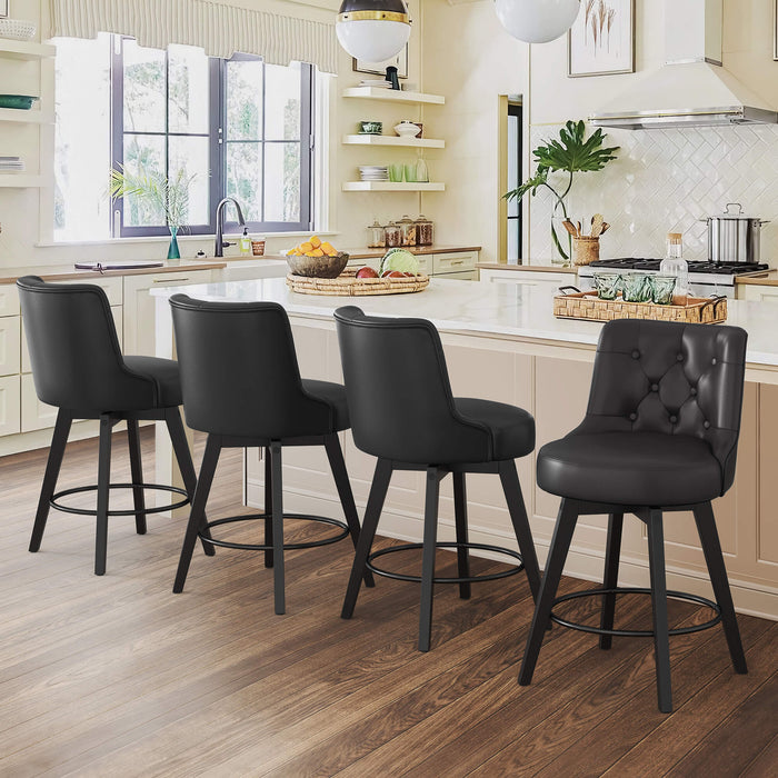 4 pcs black upholstered swivel bar stool next to a counter  with tufed design,back ,round seat and foot rest
