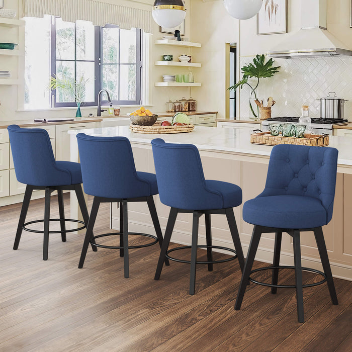 4 pcs navy upholstered swivel bar stool next to a counter with tufed design,back ,round seat and foot rest