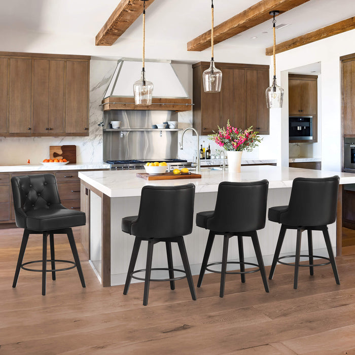 4 pcs black upholstered swivel bar stool in a kitchen  with tufed design,back and foot rest