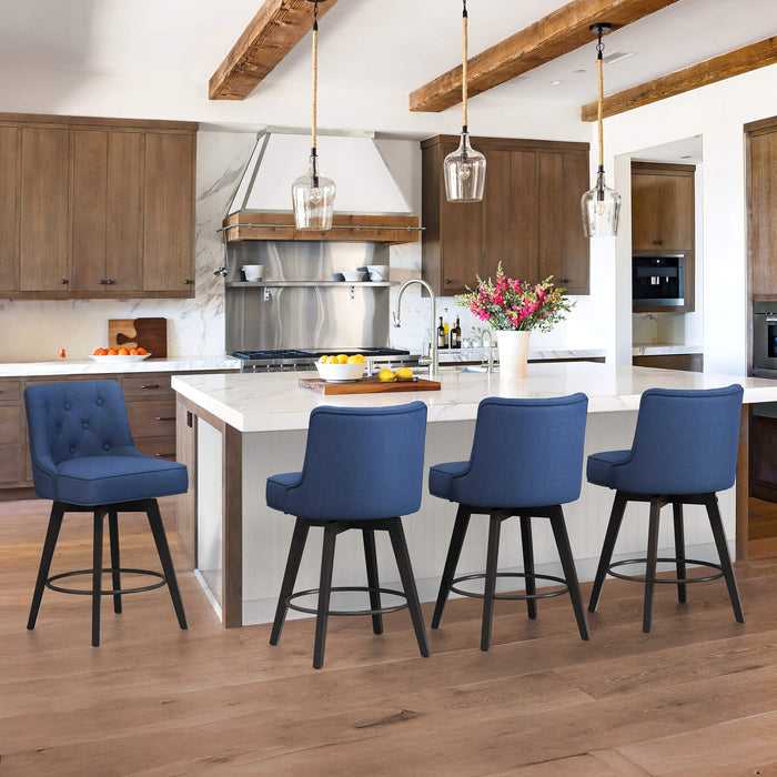 4 pcs navy upholstered swivel bar stool in a kitchen with tufed design,back and foot rest