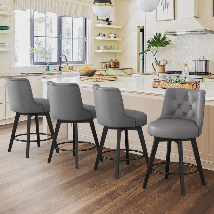 4 pcs dark grey upholstered swivel bar stool next to a counter with tufed design,back ,round seat and foot rest