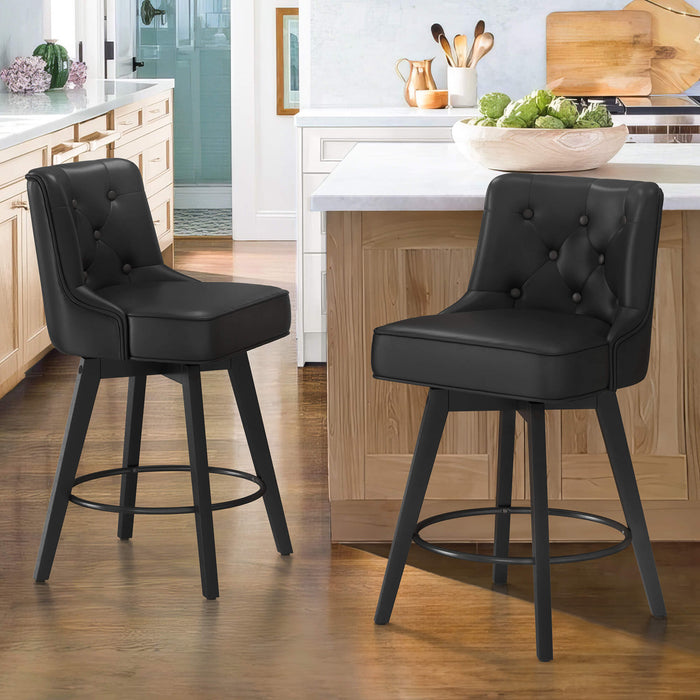 2 pcs black upholstered swivel bar stool in a dining room with tufed design,back and foot rest