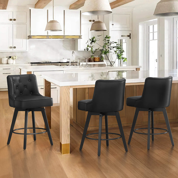3 pcs black upholstered swivel bar stool in a living room with tufed design,back and foot rest