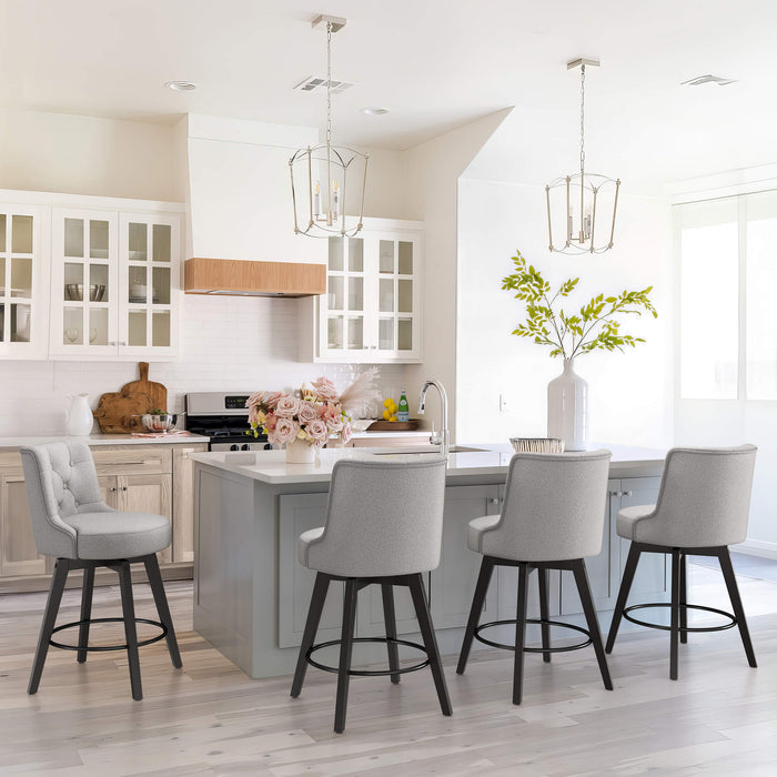 4 pcs gray upholstered swivel bar stool in a kitchen with tufed design,back ,round seat and foot rest