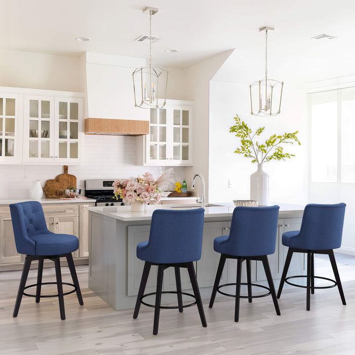 4 pcs navy upholstered swivel bar stool in a kitchen with tufed design,back ,round seat and foot rest