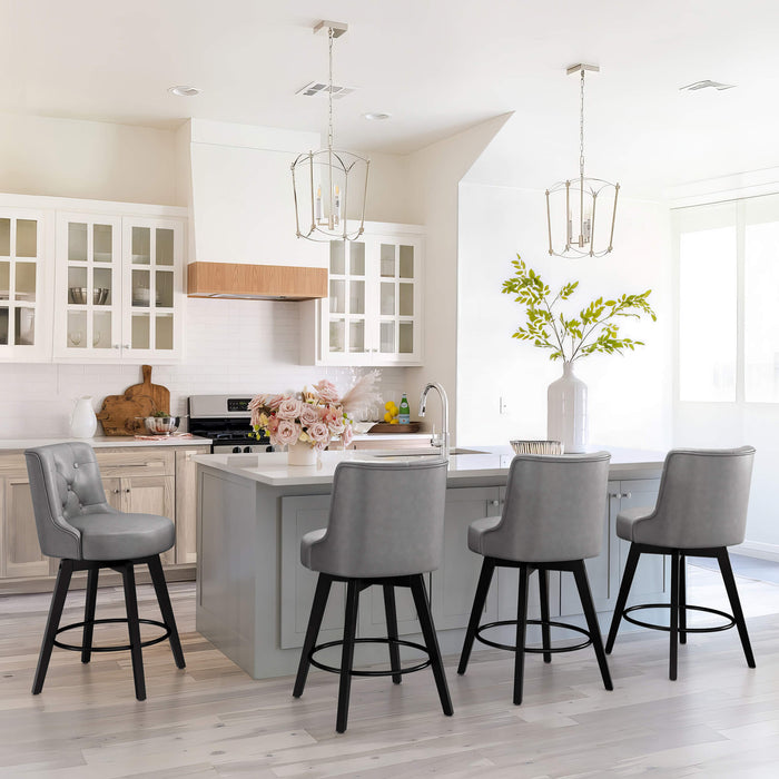 4 pcs dark grey upholstered swivel bar stool in a kitchen with tufed design,back ,round seat and foot rest