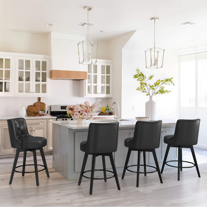 4 pcs black upholstered swivel bar stool in a kitchen  with tufed design,back ,round seat and foot rest