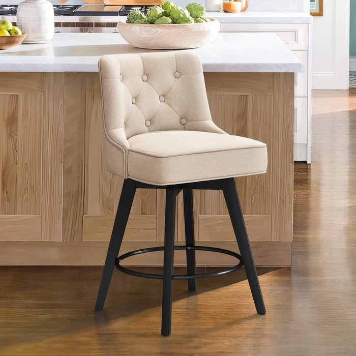 Linen color upholstered swivel bar stool in a kitchen with tufed design,back and foot rest