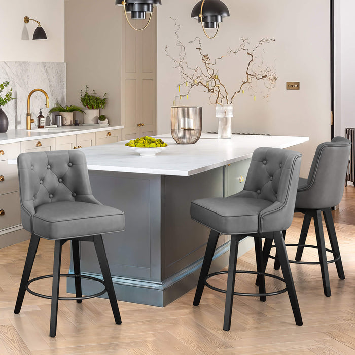 3 pcs dark grey upholstered swivel bar stool in a dining room with tufed design,back and foot rest