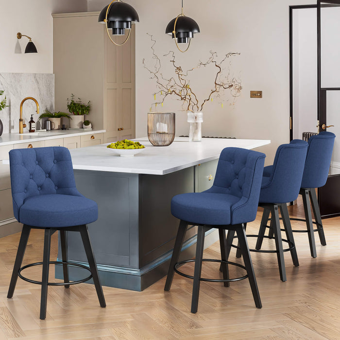 4 pcs navy upholstered swivel bar stool in a dining room with tufed design,back ,round seat and foot rest