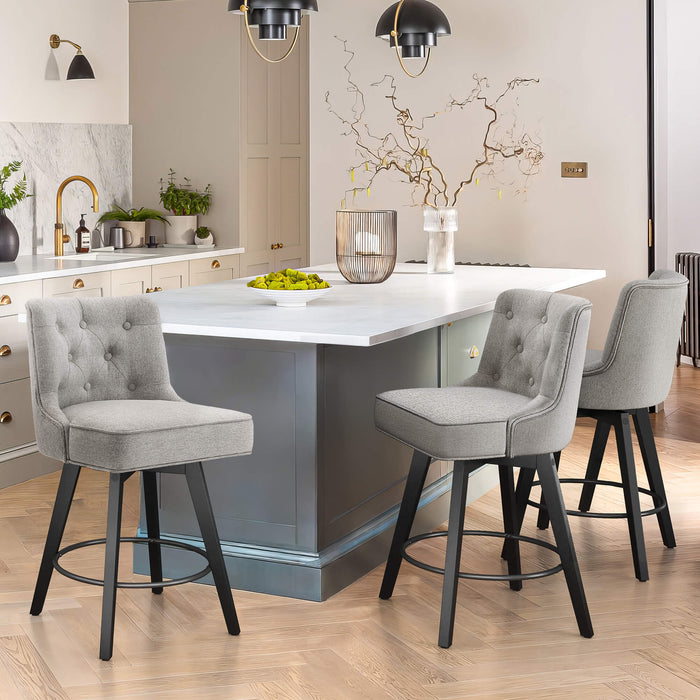 3 pcs gray upholstered swivel bar stool in a dining room with tufed design,back and foot rest