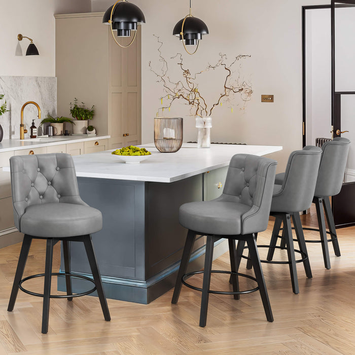 4 pcs dark grey upholstered swivel bar stool in a dining room with tufed design,back ,round seat and foot rest