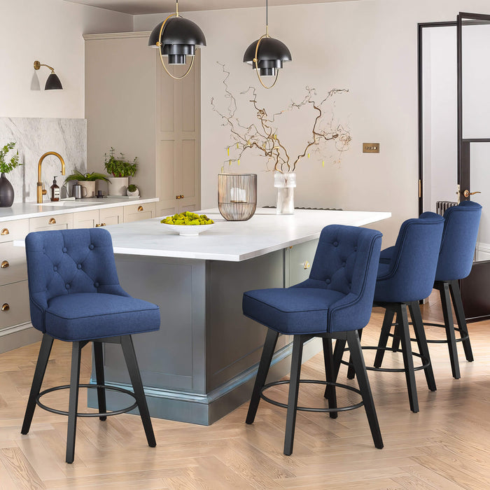 4 pcs navy upholstered swivel bar stool in a dining room with tufed design,back and foot rest