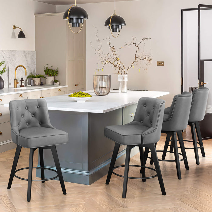 4 pcs dark grey upholstered swivel bar stool in a dining room with tufed design,back and foot rest