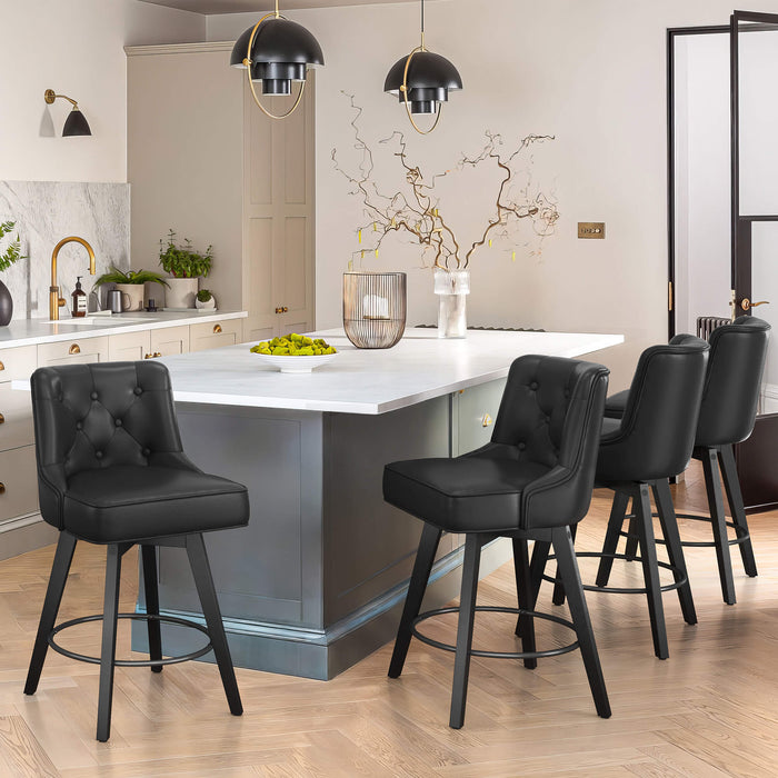 4 pcs black upholstered swivel bar stool in a dining room with tufed design,back and foot rest
