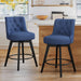 2 pcs navy upholstered swivel bar stool next to a counter with tufed design,back ,round seat and foot rest