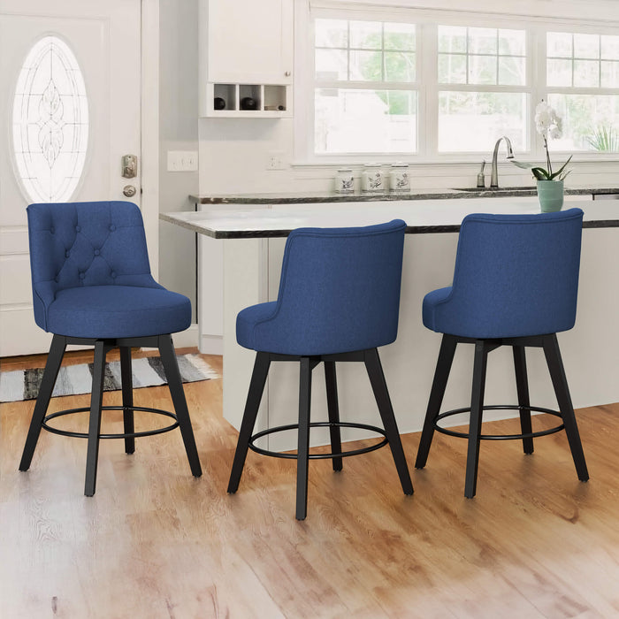 3 pcs navy upholstered swivel bar stool next to a counter with tufed design,back ,round seat and foot rest
