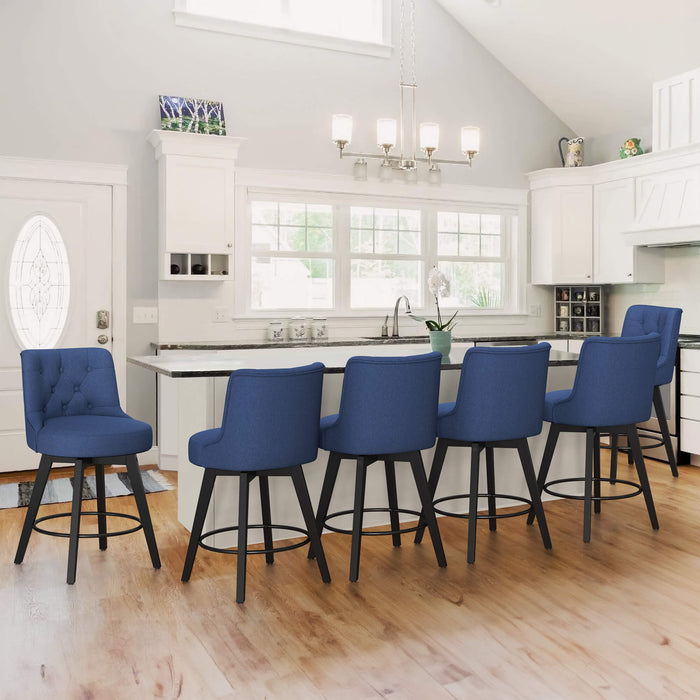 6 pcs navy upholstered swivel bar stool in a kitchen with tufed design,back ,round seat and foot rest