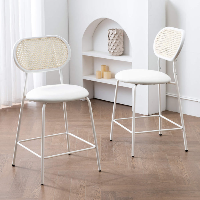 white leather dining chair with rattan backrest set of 2