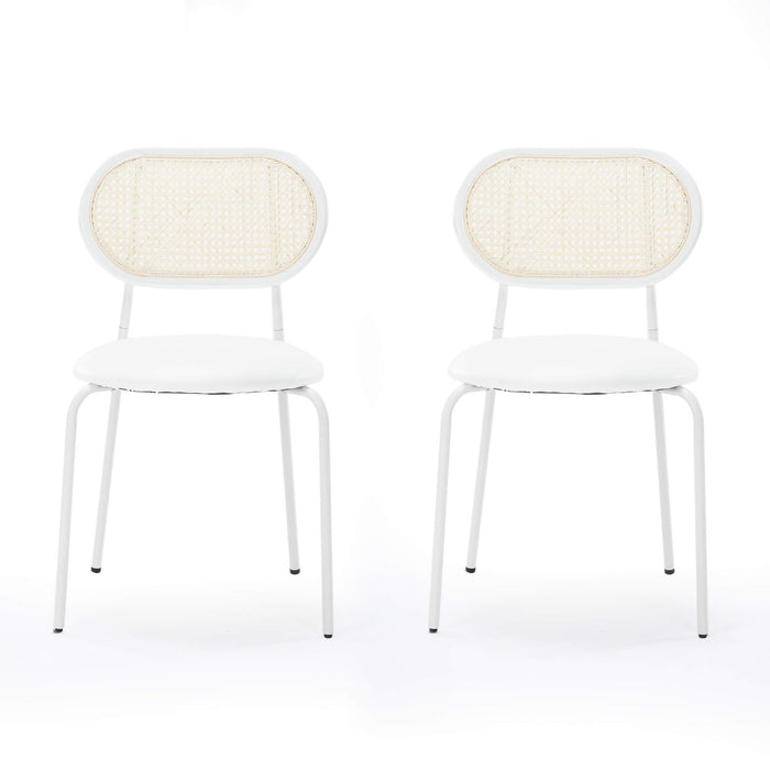 white faux leather dining chairs with woven backrest