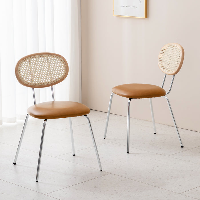 brown leather dining chair with rattan backrest set of 2