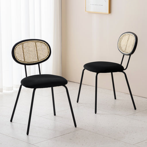 black velvet dining chair with rattan backrest set of 2