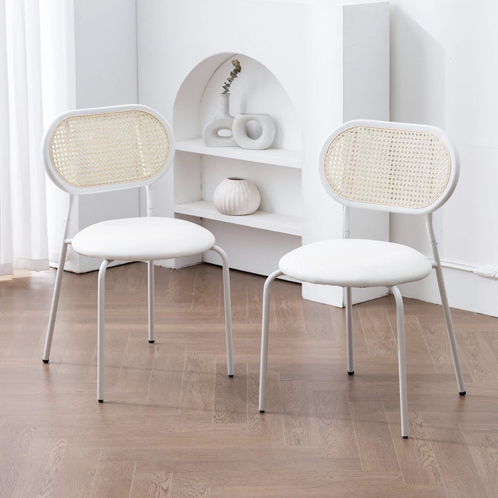 white faux leather dining chairs with woven backrest