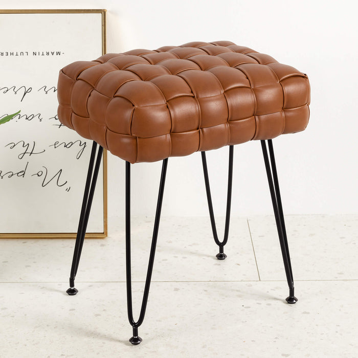 dark brown leather woven vanity stool