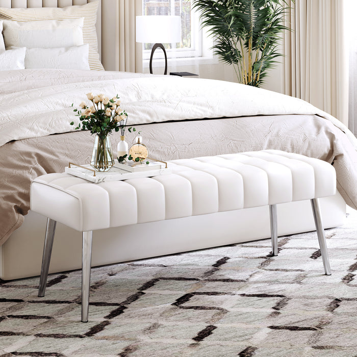 white leather Cushioned Bedroom Bench Entryway Bench