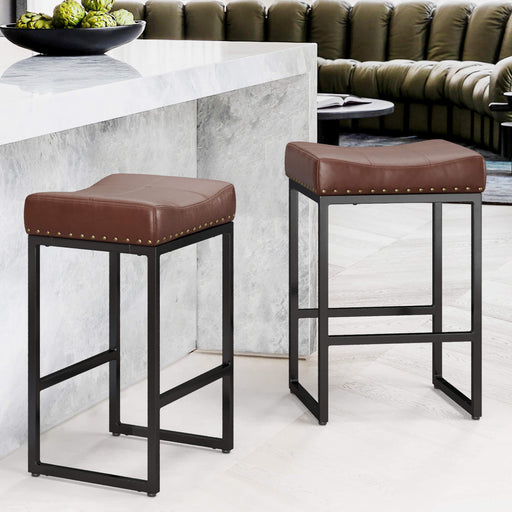 dark brown leather saddle bar stool set of 2